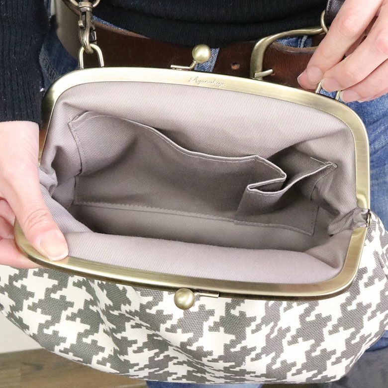 がま口ポシェット【帆布・バードチェック】OPEN時