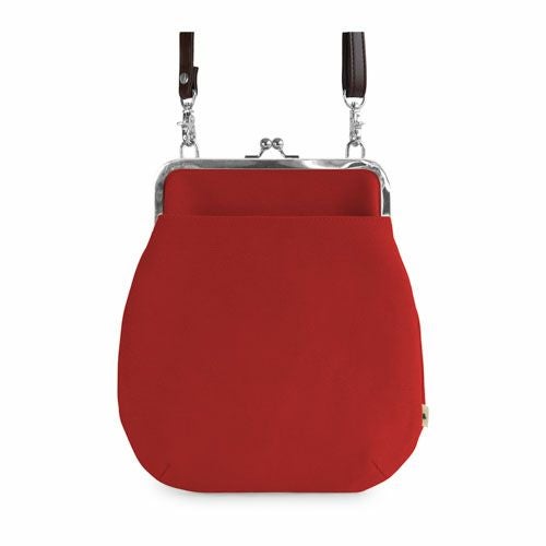 大きながま口ポケット付き　ボディorショルダーバッグ　レッド 在庫商品】ポケット付きがま口フラットショルダーバッグ【帆布 在庫