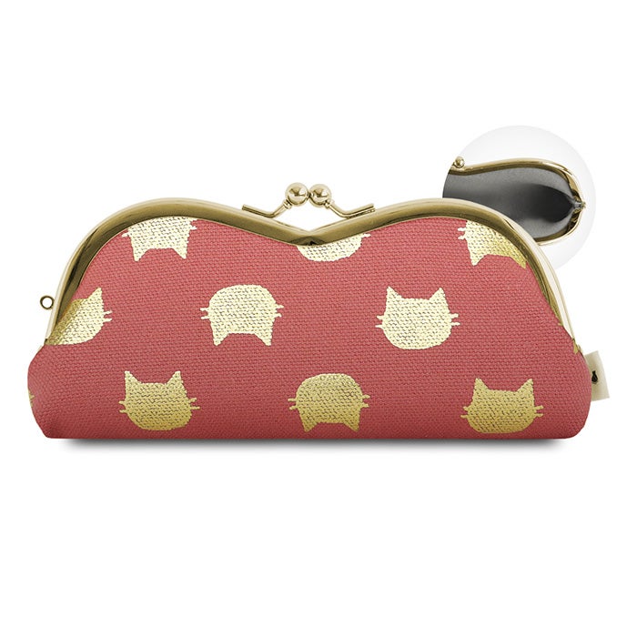 山型がま口メガネケース【帆布・綿布・デニム（アソート）】口金ゴールド 帆布 箔にゃんこ カメリア