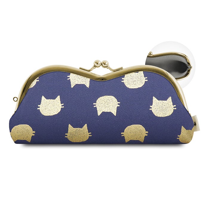 山型がま口メガネケース【帆布・綿布・デニム（アソート）】口金ゴールド 帆布 箔にゃんこ プルシャンブルー