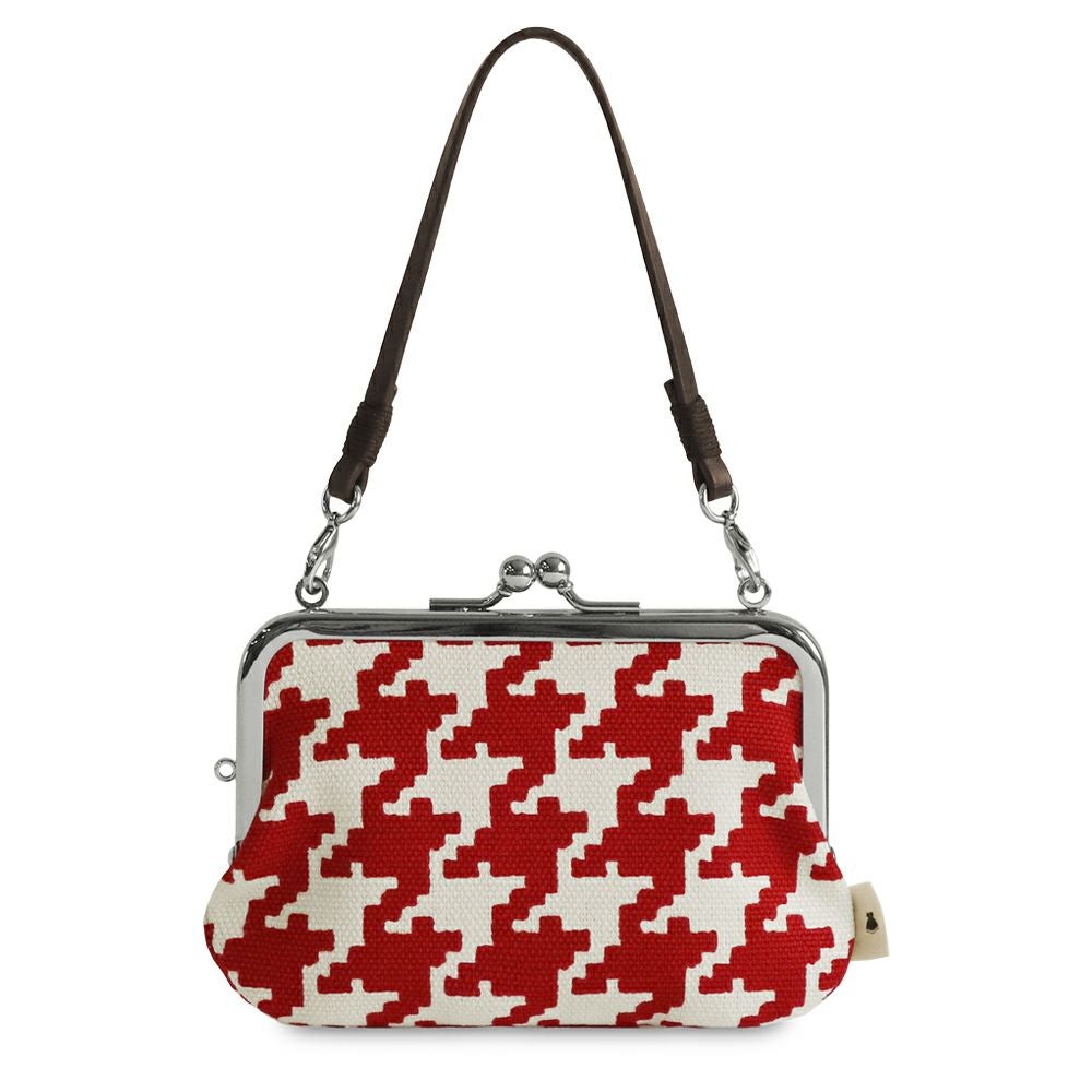 在庫商品】革ヒモ付き手提げがま口財布【帆布・バードチェック】 [M便