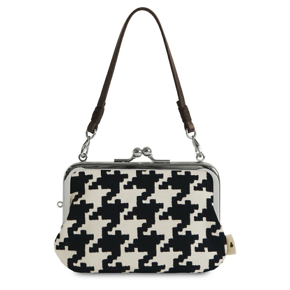 革ヒモ付き手提げがま口財布【帆布・バードチェック】 