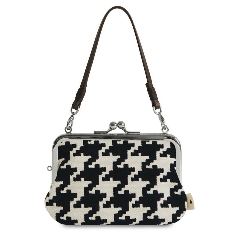 革ヒモ付き手提げがま口財布【帆布・バードチェック】 