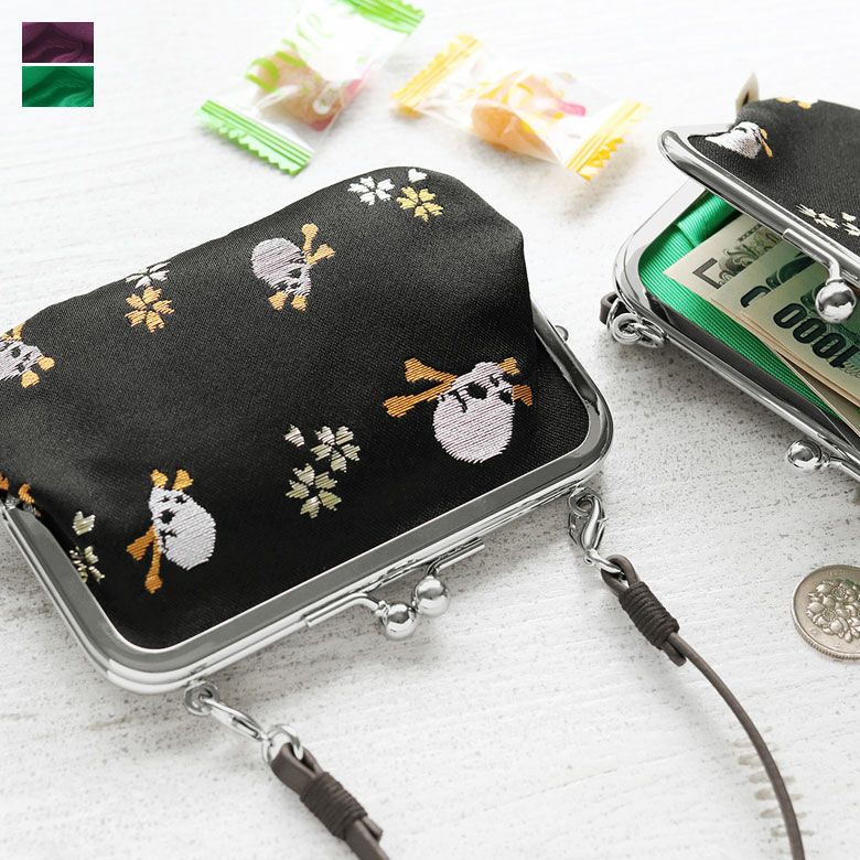 在庫商品】革ヒモ付き手提げがま口財布【ドクロ金襴】 [M便 1/4