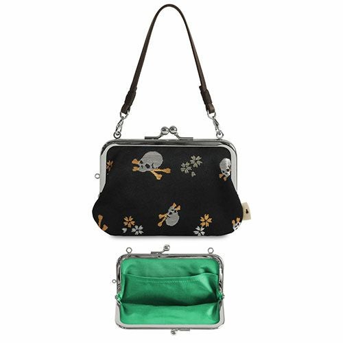 在庫商品】革ヒモ付き手提げがま口財布【ドクロ金襴】 [M便 1/4