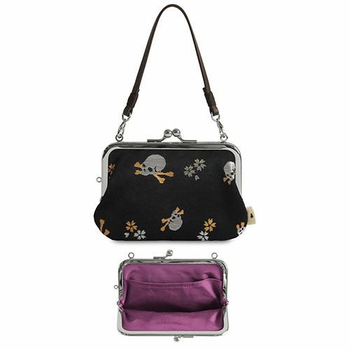 在庫商品】革ヒモ付き手提げがま口財布【ドクロ金襴】 [M便 1/4