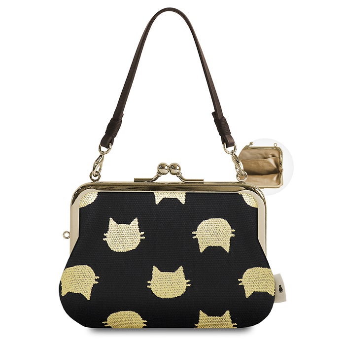 持ち手付き手提げがま口財布【帆布・綿布・デニム（アソート）】箔にゃんこブラック
