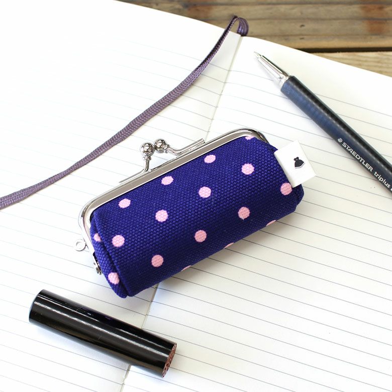 TAWARA型がま口コインケース【帆布・唐草/水玉】水玉　紺×桃花