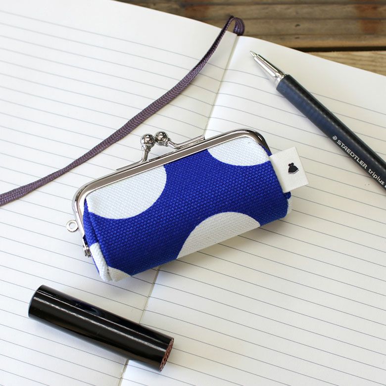 TAWARA型がま口コインケース【帆布・唐草/水玉】でかドット　青×白