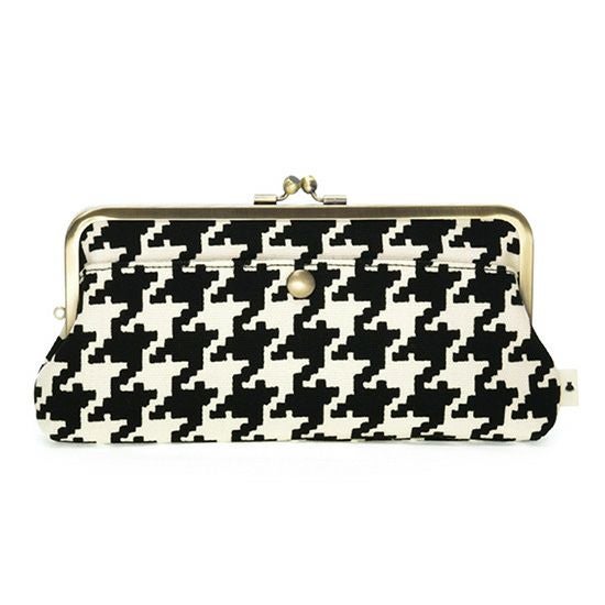 角丸親子がま口長財布【帆布・バードチェック】ブラック