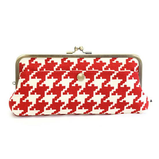 角丸親子がま口長財布【帆布・バードチェック】レッド