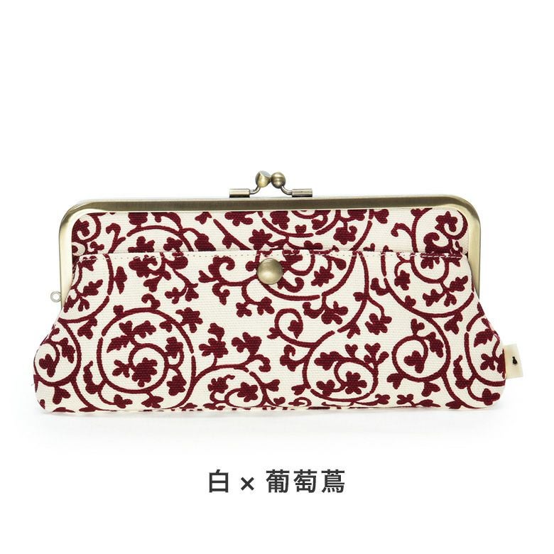 角丸親子がま口長財布【帆布・蛸唐草】白×葡萄蔦