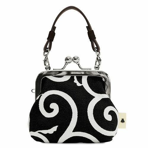 革ヒモ付き手提げがま口財布（小）【帆布・唐草/水玉】 