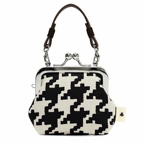 革ヒモ付き手提げがま口財布（小）【帆布・バードチェック】