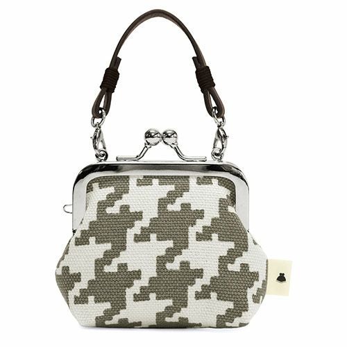 革ヒモ付き手提げがま口財布（小）【帆布・バードチェック】