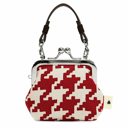 革ヒモ付き手提げがま口財布（小）【帆布・バードチェック】