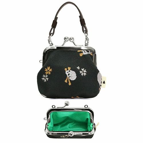 革ヒモ付き手提げがま口財布（小）【ドクロ金襴】