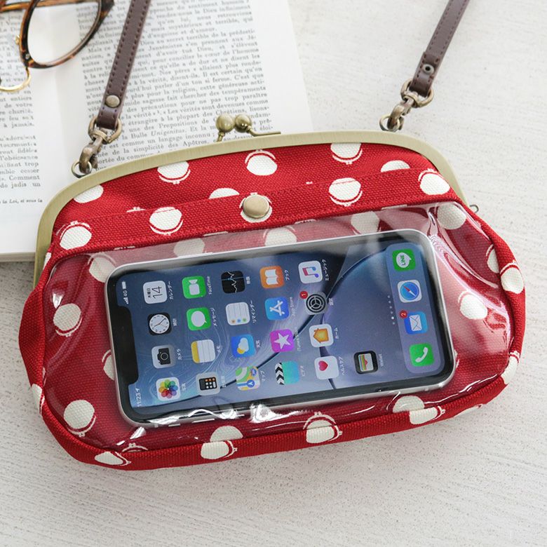 在庫商品】がま口スマホショルダーバッグ【帆布・がまドット柄 大判