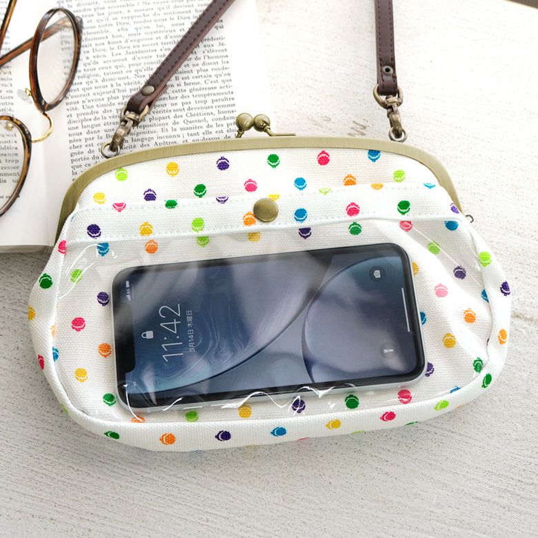 在庫商品】がま口スマホショルダーバッグ【帆布・がまドット柄】 [M便