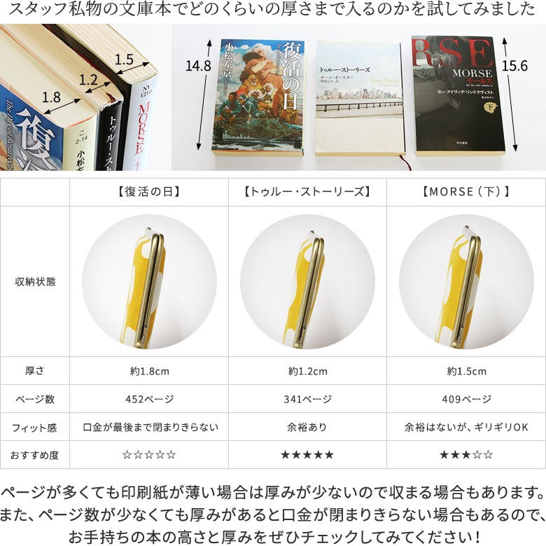 がま口ブックカバー 文庫/A6/360P対応※口金シルバー【帆布・綿布・デニム（アソート）】スタッフ私物の文庫本でどのくらいの厚さまで入るのかを試してみました。