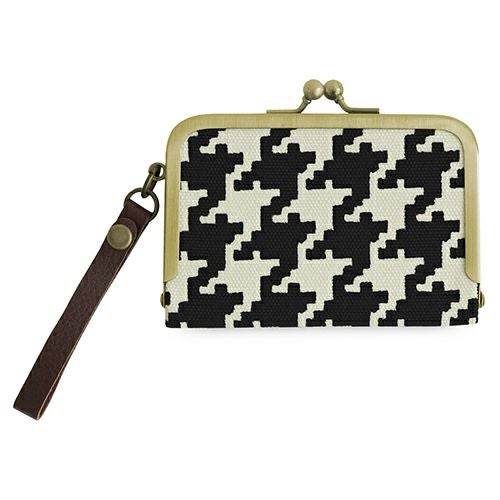 ストラップ付き横型がま口パスケース【帆布・バードチェック】