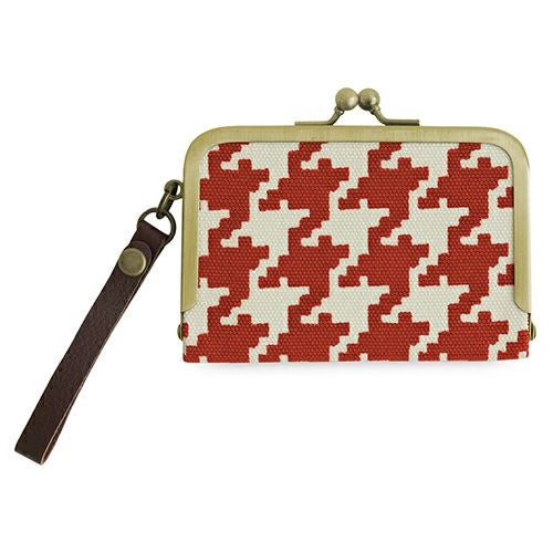 ストラップ付き横型がま口パスケース【帆布・バードチェック】