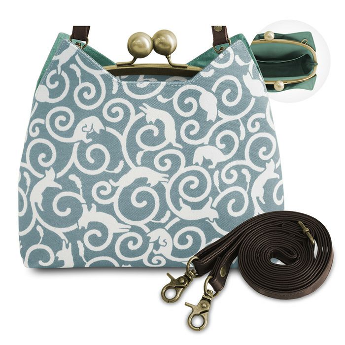 がま口にゃんこポシェット【ねこ唐草】ブルー