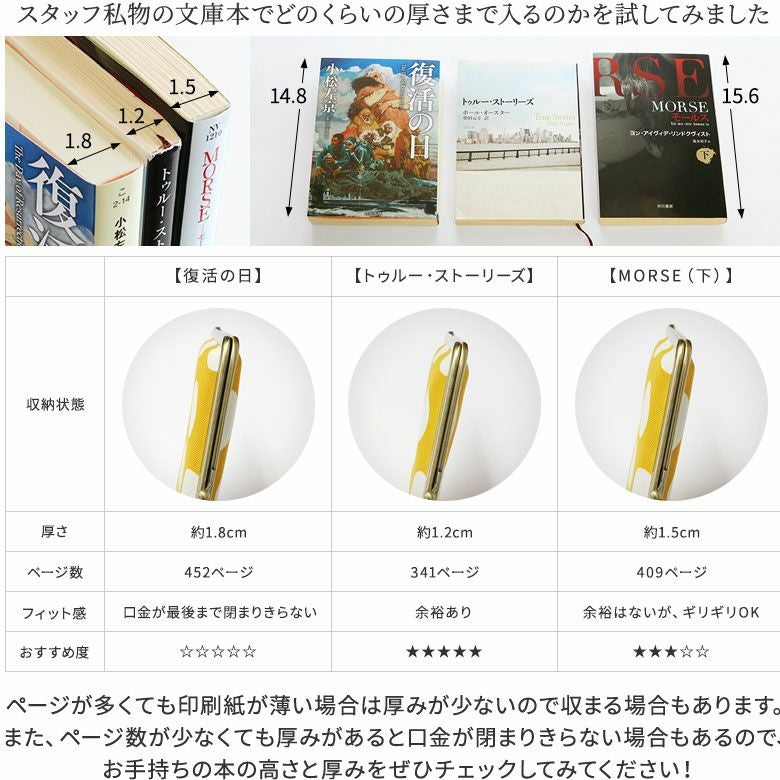 がま口ブックカバー 文庫/A6/360P対応【帆布・HAKUドット】ブックカバー　文庫本　A6　厚さ1.5cm（約360ページ）　スタッフ私物の文庫本でどのくらいの厚さまで入るのかを試してみました