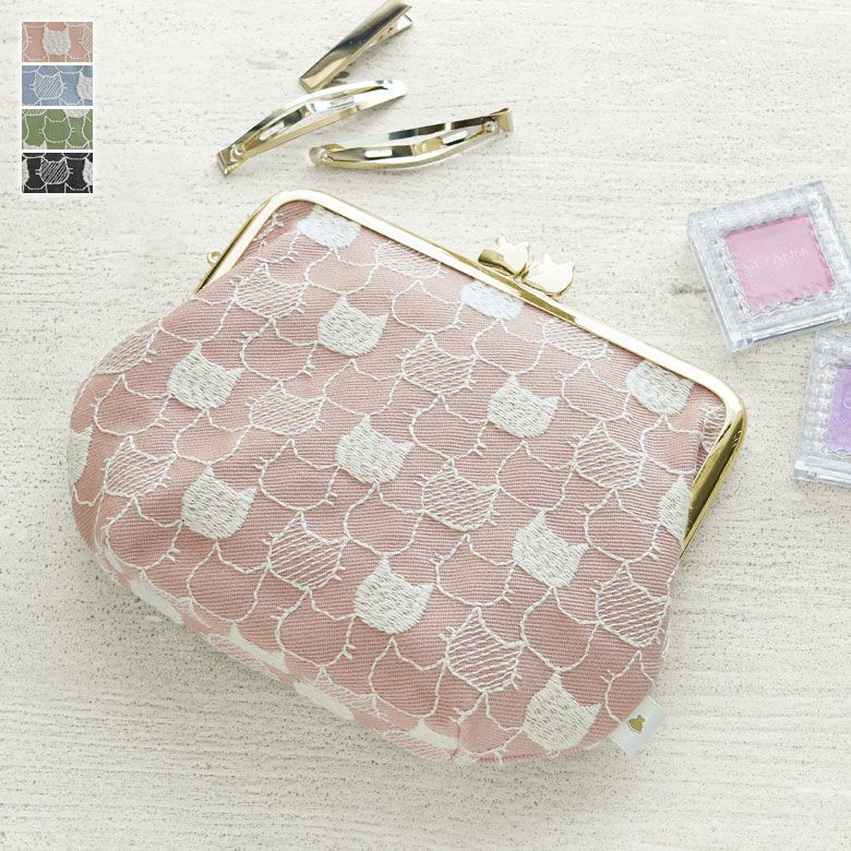 5寸がま口スッキリポーチ【ねこ刺繍2】