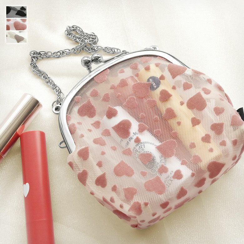 在庫商品】がま口メッシュフラットポーチ【ハートフロッキーメッシュ