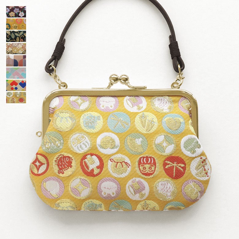 【在庫商品】革ヒモ付き手提げがま口財布 ※口金ゴールド【金襴・帯地（アソート）】メインイメージ