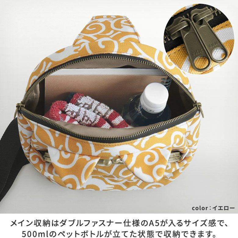 がま口にゃんこボディバッグ【ねこ唐草】ポイント説明中見せ
