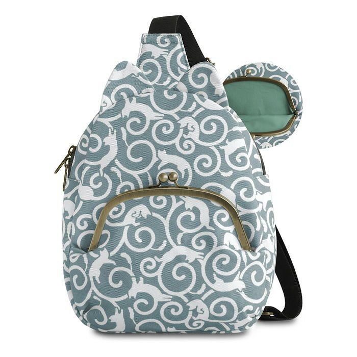 がま口にゃんこボディバッグ【ねこ唐草】ブルー