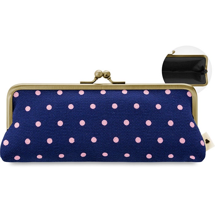 【在庫商品】がま口平ペンケース【帆布 在庫限り（アソート）】 [M便 1/5] 帆布 水玉　紺×桃花	