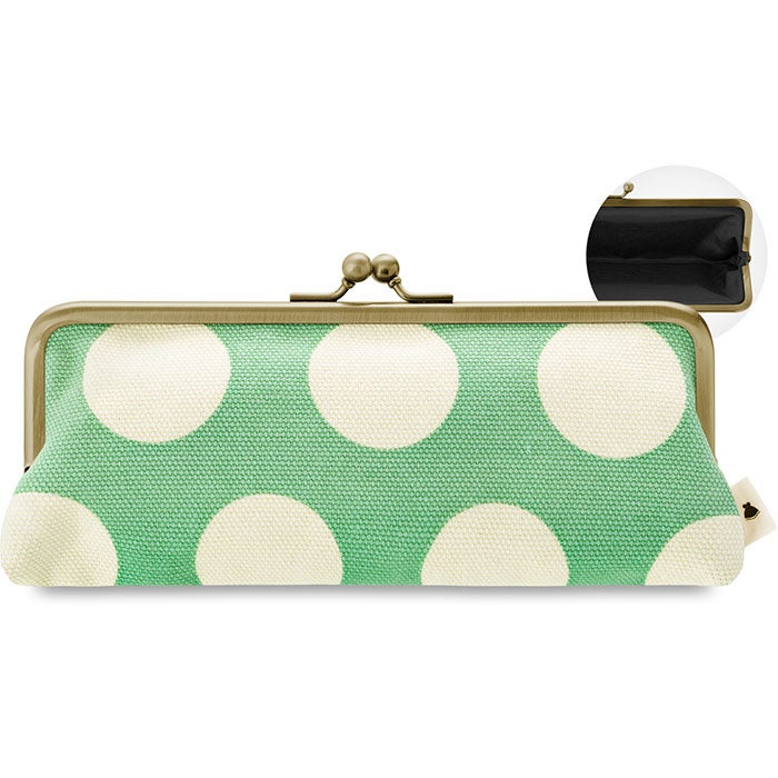 【在庫商品】がま口平ペンケース【帆布 在庫限り（アソート）】 [M便 1/5] 帆布 でかドット柄　萌黄×白