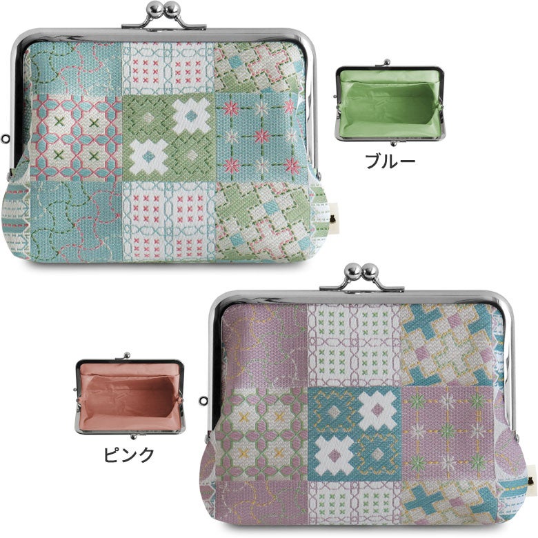 在庫商品】がま口スタンドポーチ【刺し子ジャガード】 [M便 1/2