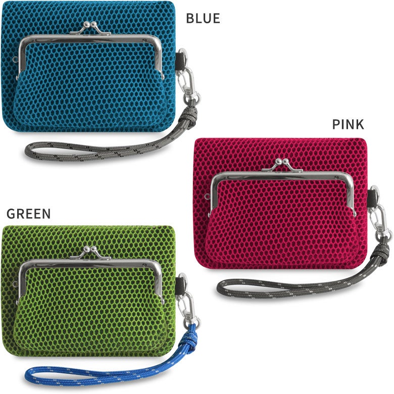 ファスナー付きがま口メッシュポーチ（ストラップ付き）【Sarei VIVID MESH】