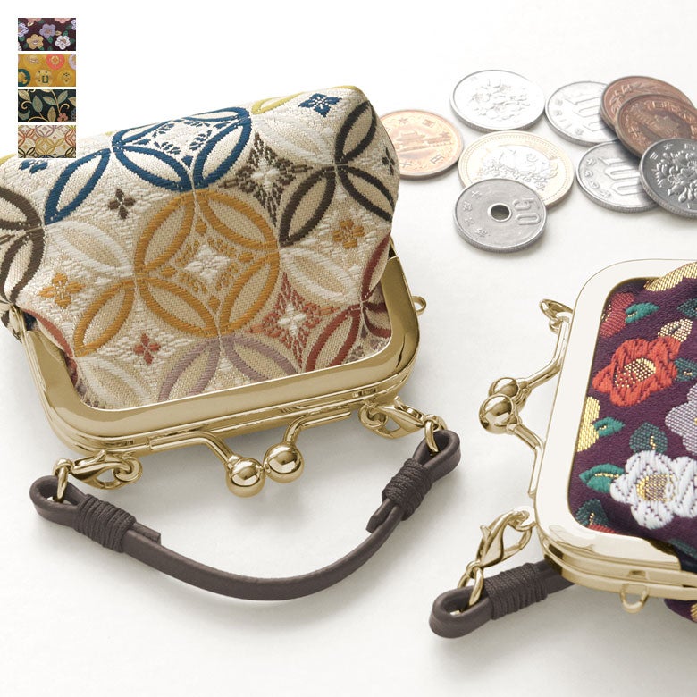 【在庫商品】革ヒモ付き手提げがま口財布（小）※口金ゴールド【金襴】